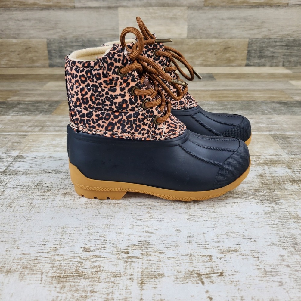 Sperry Port Girls Duck Boot Sz 11 M Cheetah Print Fleece Lined Round Toe Lace Up